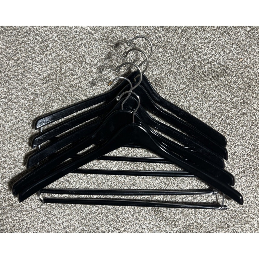 5 Wooden Suit Hangers Sturdy No-Slip Bar Black Wood